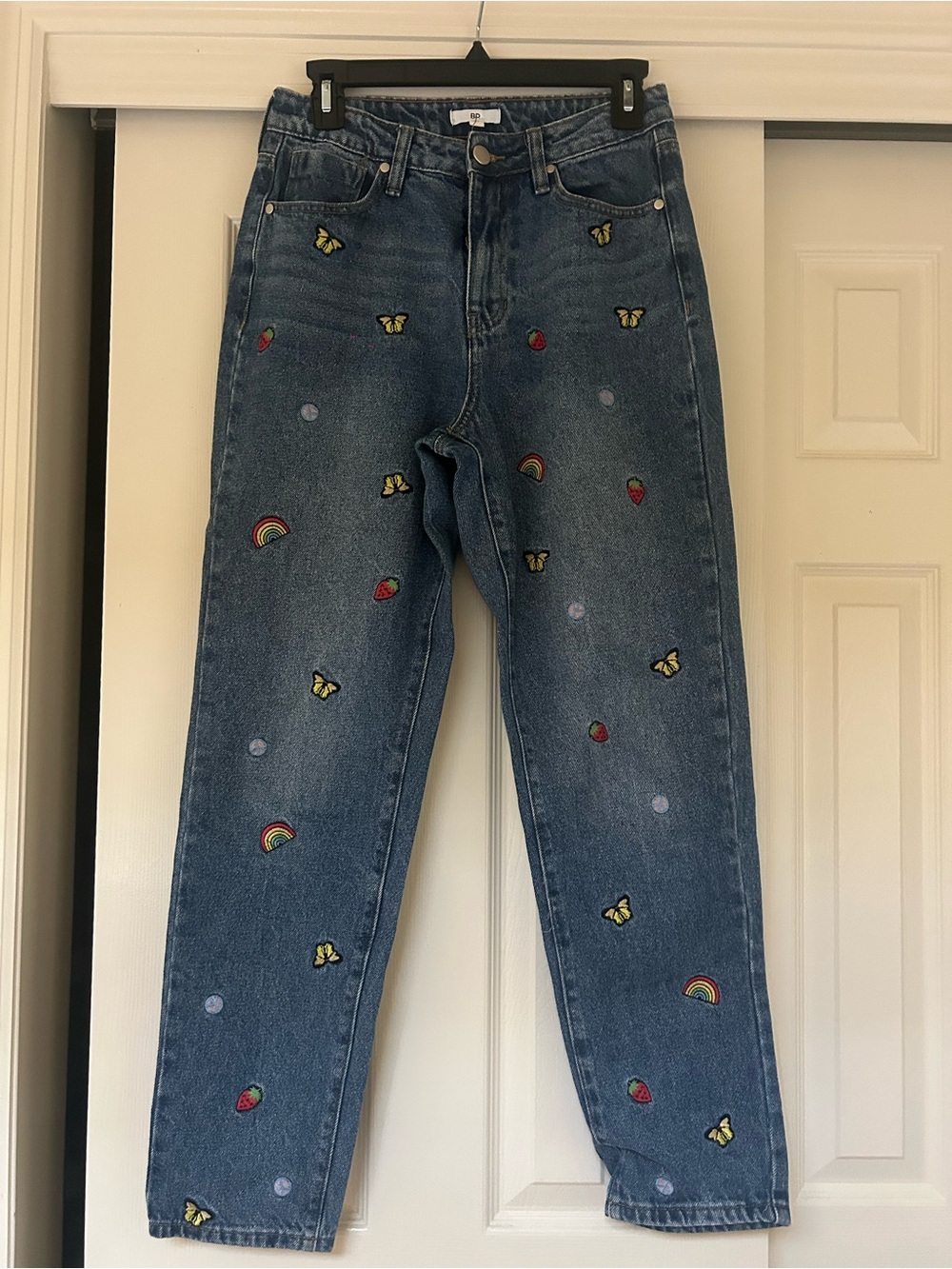 Nordstrom Blue High-Rise Jeans with Multicolor Embroidered Motifs
